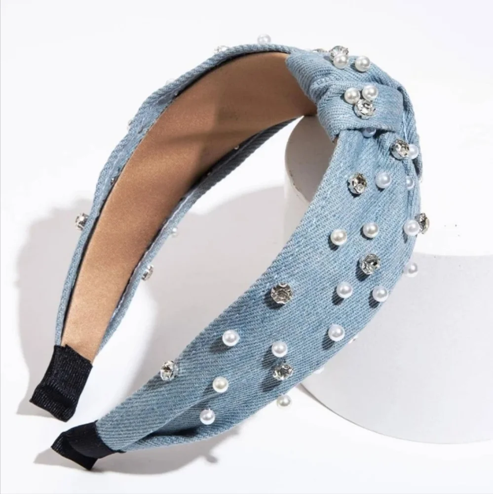 NWOT Elegant Blue Denim Pearl-Embellished Top Knot Headband